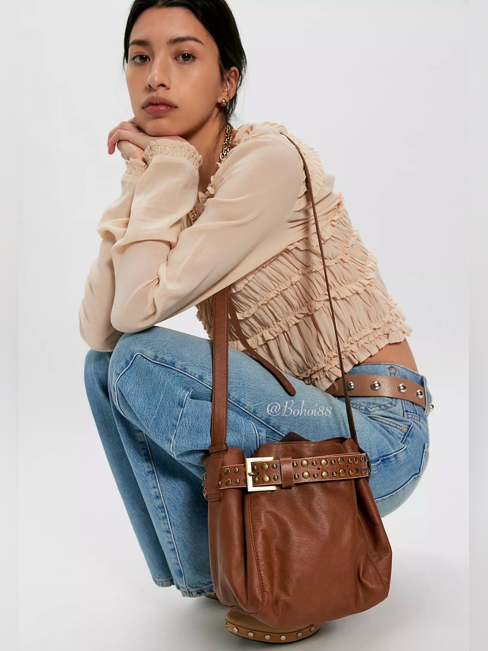 NWT Free People Embellished Belt Bucket Crossbody Bag Leather Studded - Picture 13 of 14